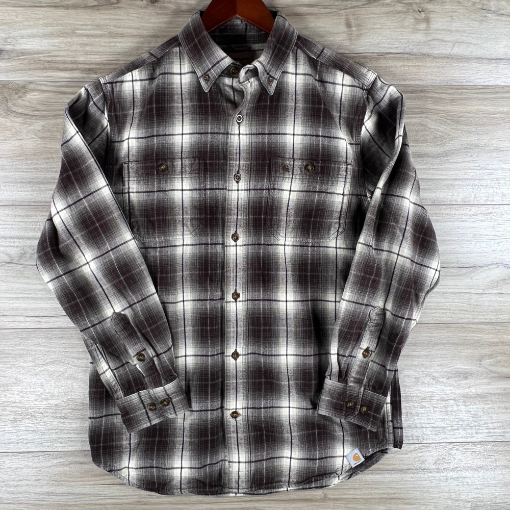 Carhartt Mens Relaxed Fit Plaid Flannel Shirt Brown Cream 101295 201 Medium